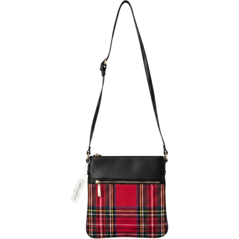 Crossbody Bag Small Black Red Plaid Tartan Faux Leather Preppy Holiday